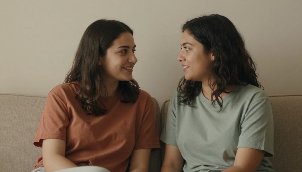 couple échangeant une conversation sincère dans un salon lumineux