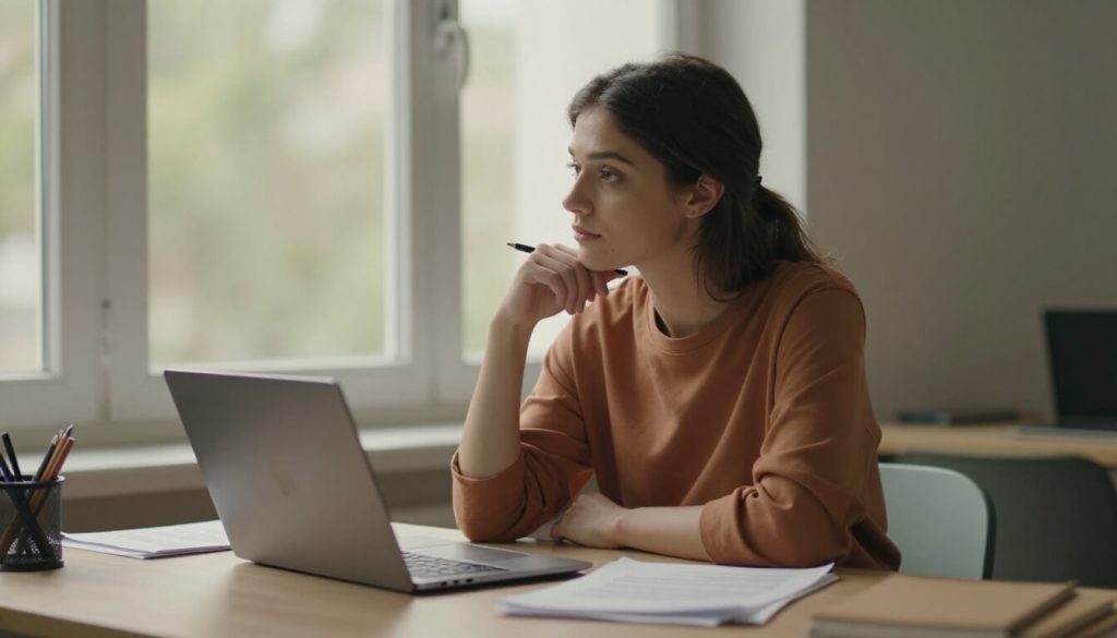 femme réfléchissant à son travail devant son bureau à la maison