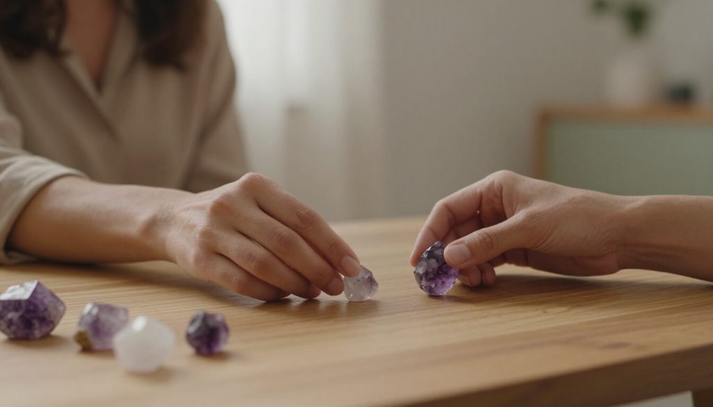 femme calme touchant des cristaux dans une ambiance chaleureuse