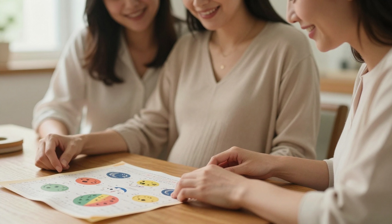 femme enceinte et sa mère regardant un calendrier chinois de grossesse