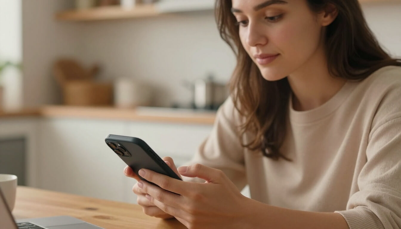 femme consultant son groupe sanguin sur smartphone à domicile