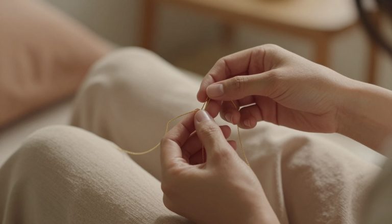 mains féminines démêlant un collier délicat en or