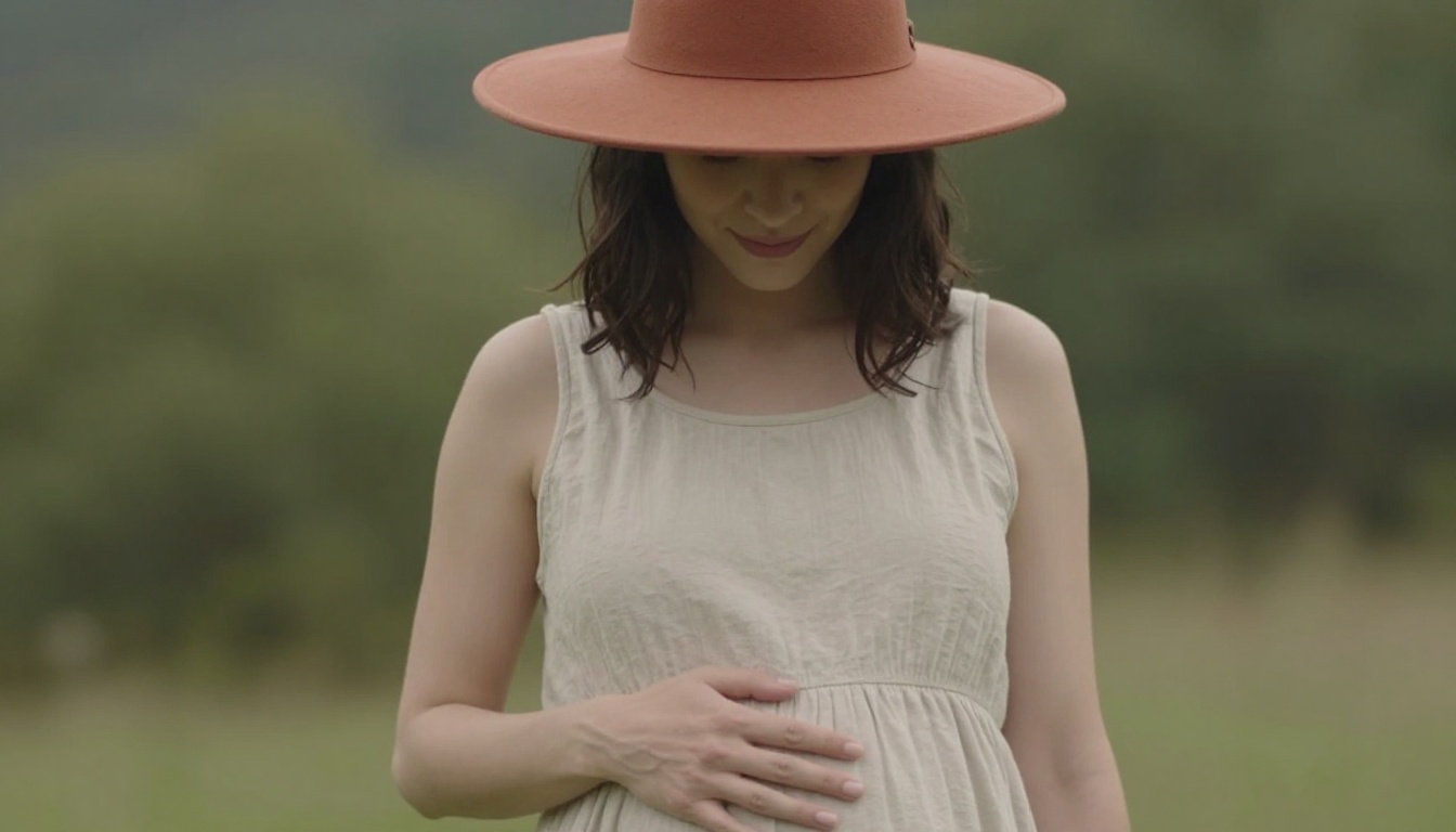 femme enceinte habillée léger chapeau large au soleil doux