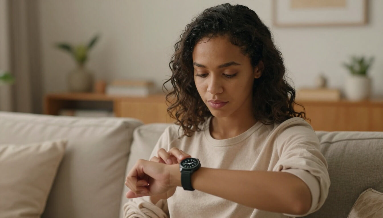 jeune femme regardant sa montre à 15h15 dans un salon chaleureux