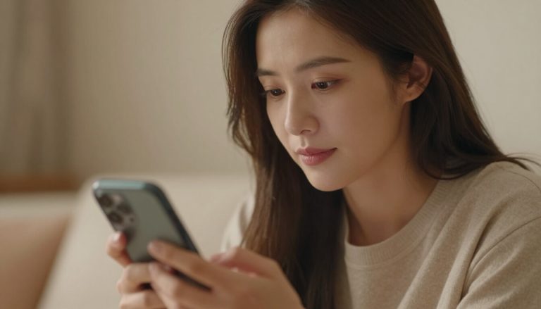 femme réfléchissant en regardant son téléphone à la maison