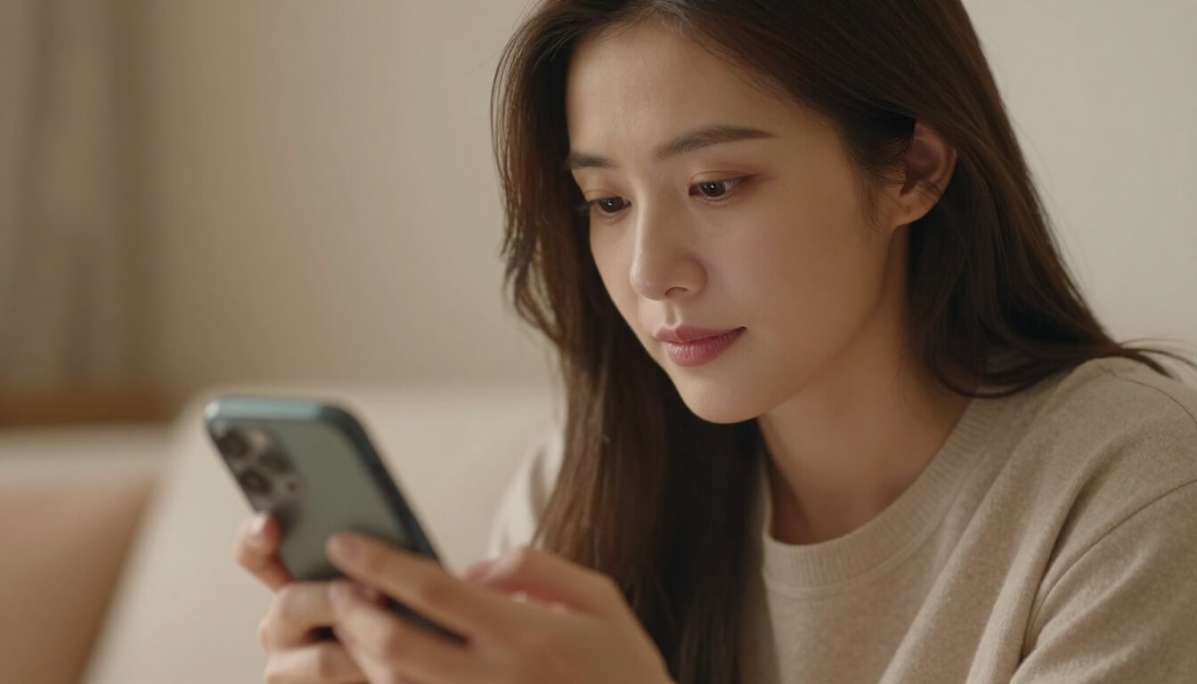 femme réfléchissant en regardant son téléphone à la maison
