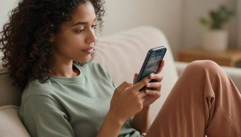 femme tenant son téléphone affichant 20h20 dans un salon chaleureux