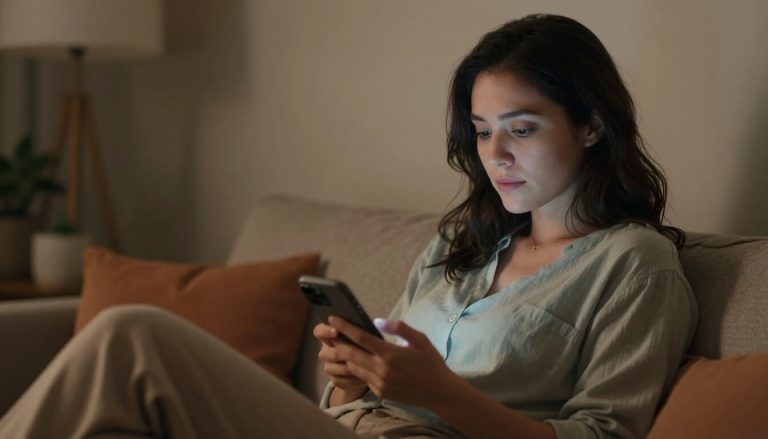 mère réfléchie tenant un téléphone dans un salon chaleureux