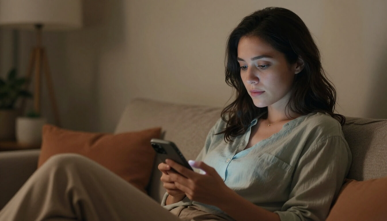 mère réfléchie tenant un téléphone dans un salon chaleureux