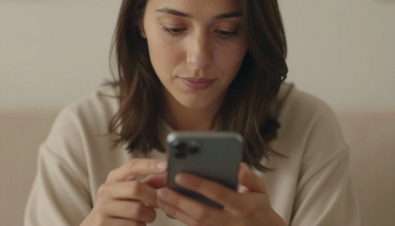 mère réfléchissant en regardant son téléphone à la maison