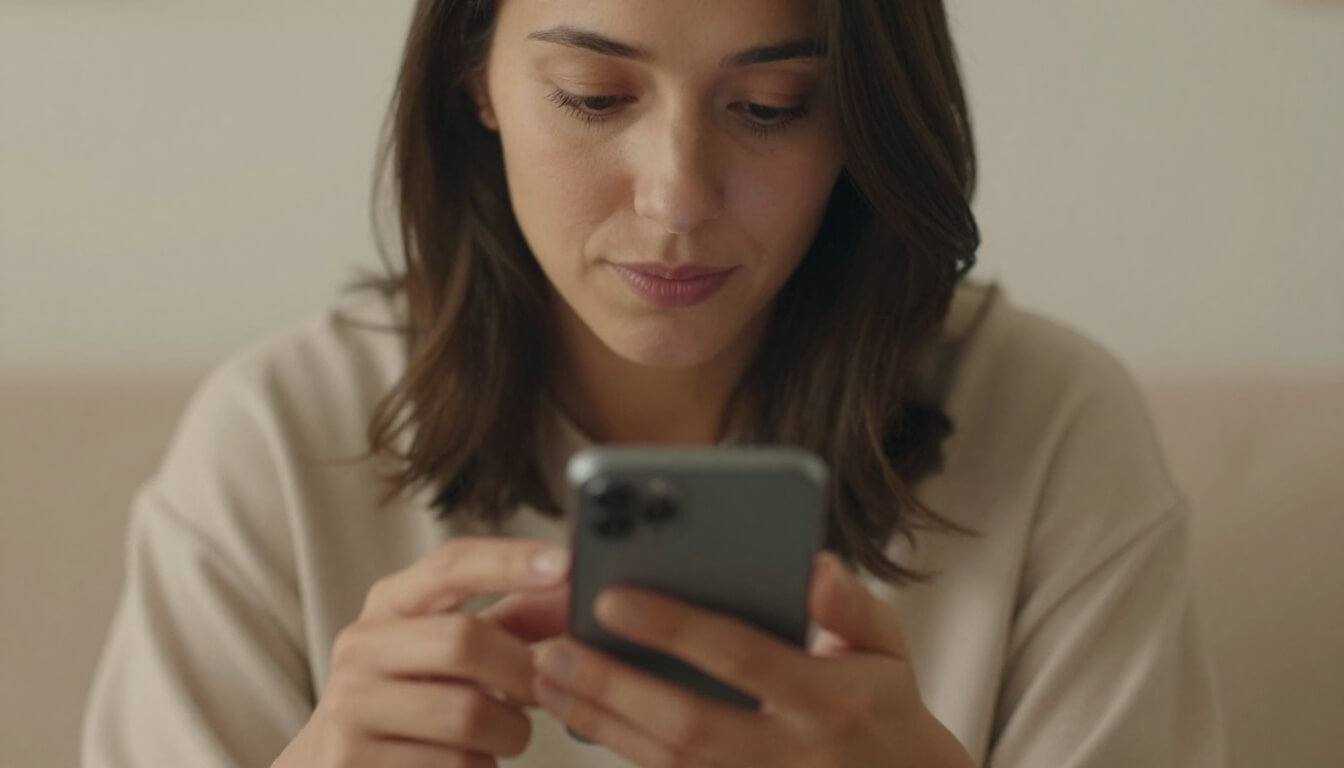 mère réfléchissant en regardant son téléphone à la maison