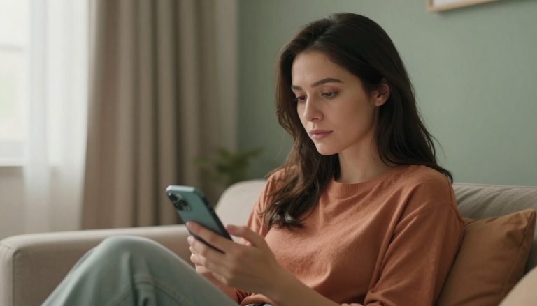 mère réfléchissant en regardant son téléphone dans un salon chaleureux