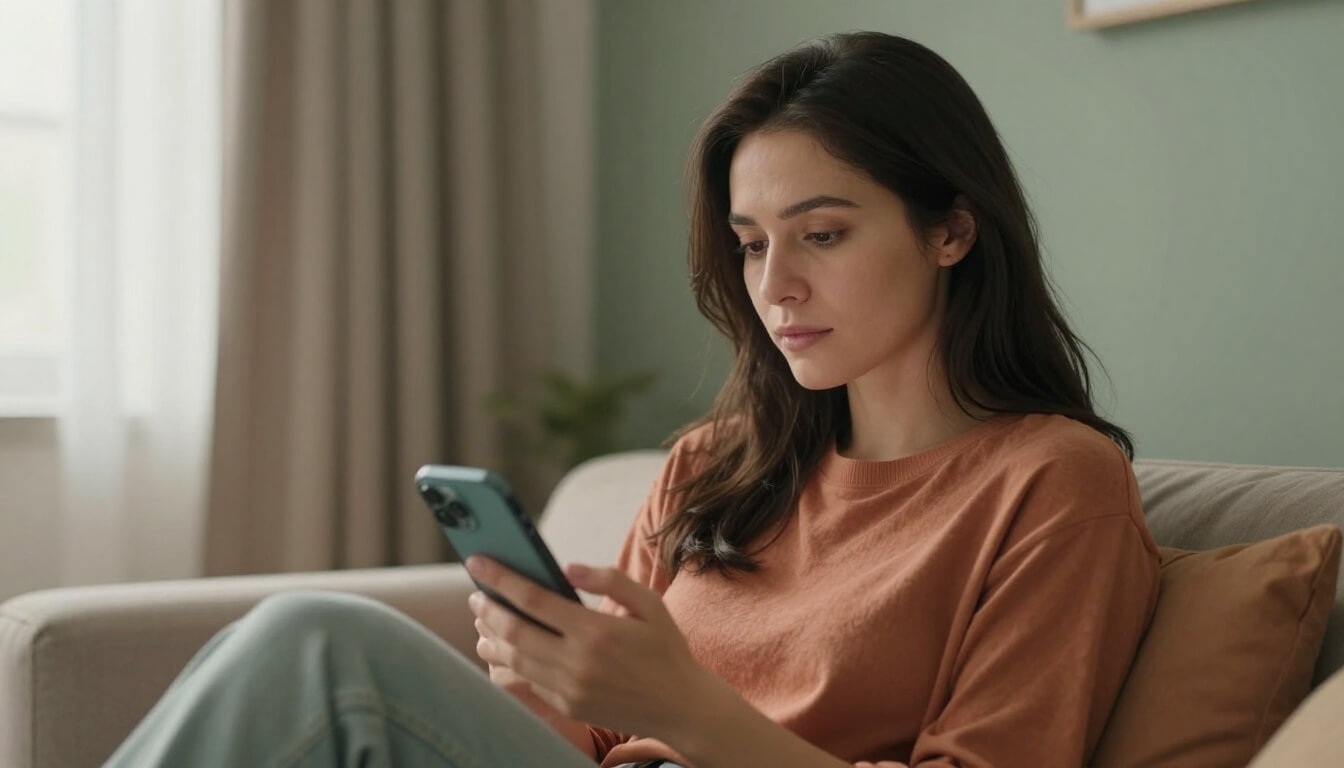 mère réfléchissant en regardant son téléphone dans un salon chaleureux