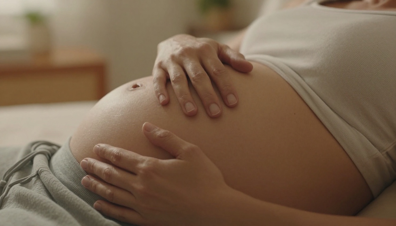 femme enceinte posant la main sur son ventre ressentant hoquet