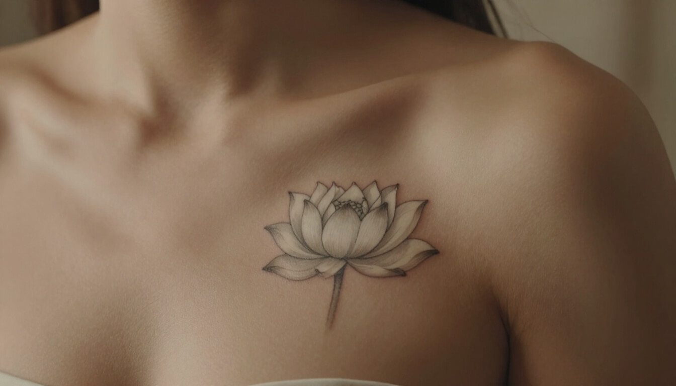 femme avec tatouage fleur de lotus blanc sur la poitrine