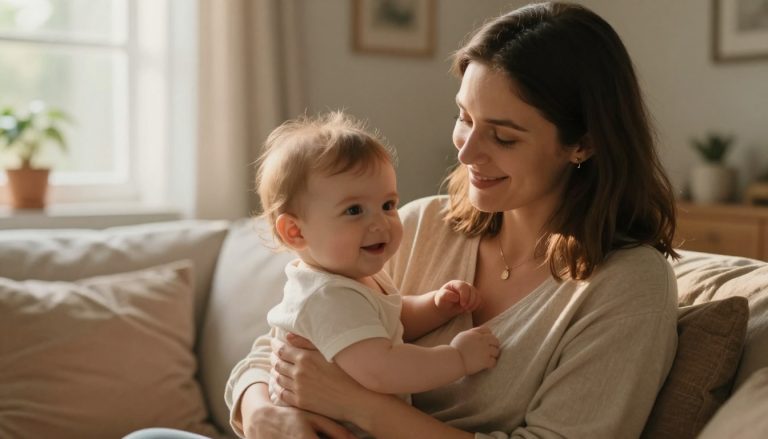 mère tenant son bébé souriant dans une ambiance chaleureuse