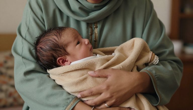mère kabyle tenant son nouveau-né dans un intérieur chaleureux
