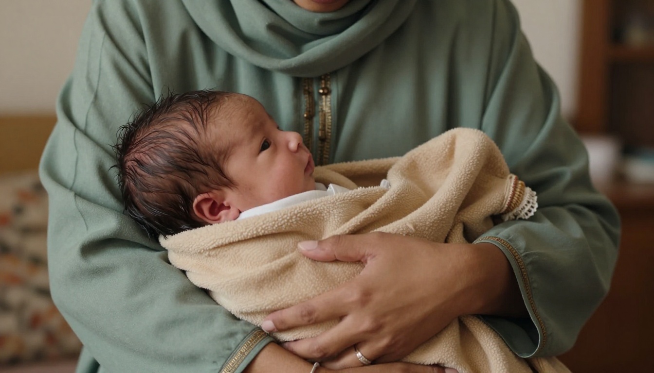 mère kabyle tenant son nouveau-né dans un intérieur chaleureux