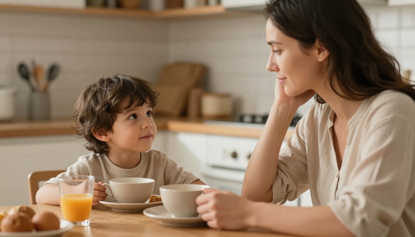 mère et enfant partageant un petit-déjeuner calme maison