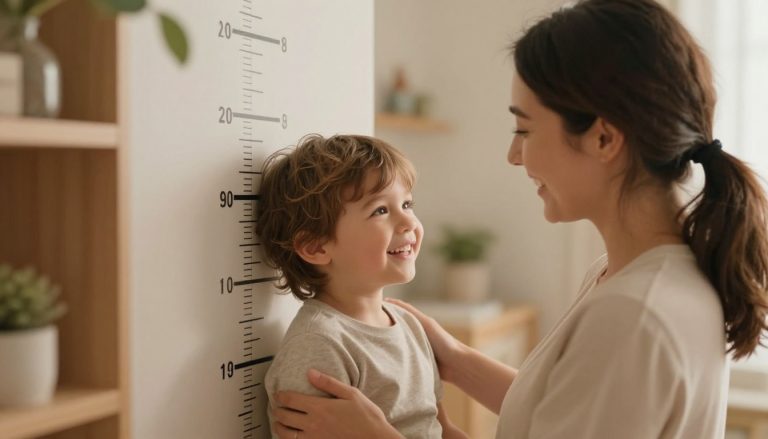 mère mesurant la taille de son enfant de 3 ans à la maison