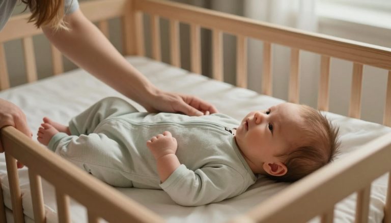 mère déposant bébé en gigoteuse dans un lit sécurisé nu