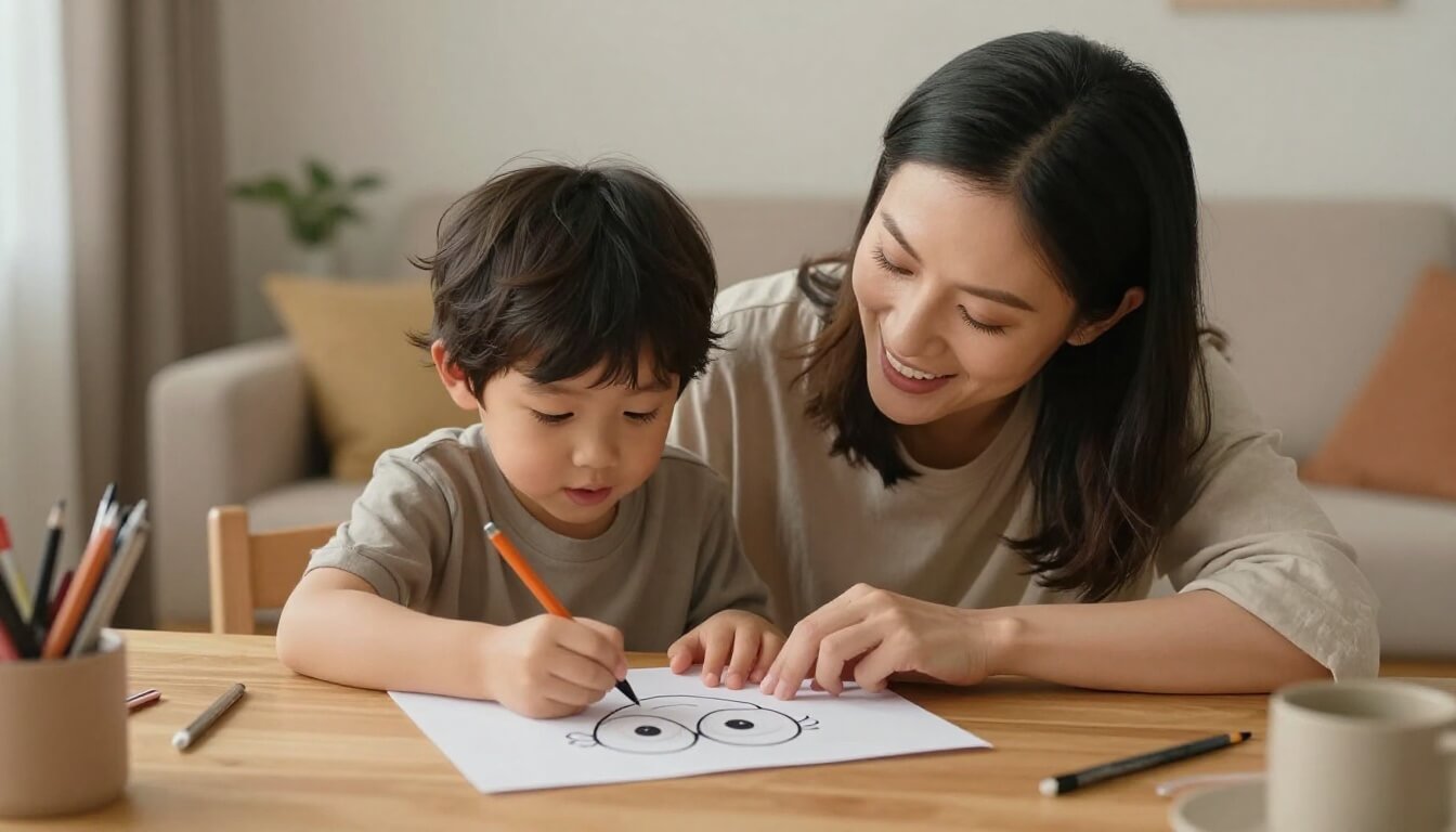 mère et enfant dessinant des personnages Disney aux grands yeux