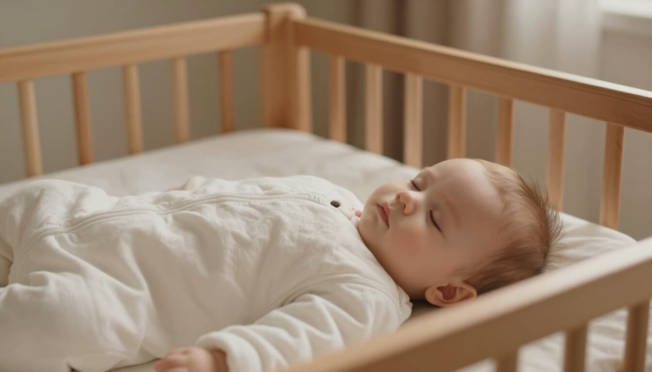 bébé dormant paisiblement en gigoteuse dans un lit sans tour de lit