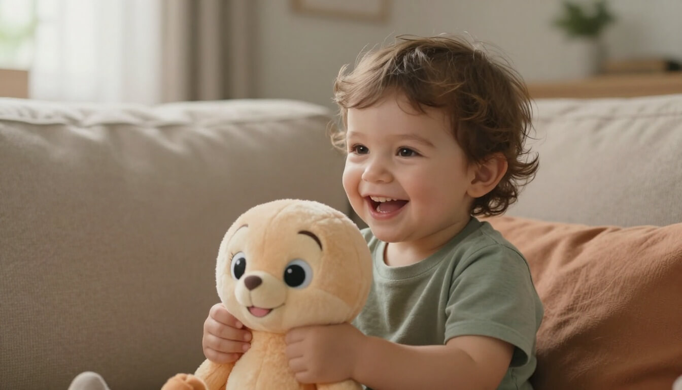 toddler holding a cute Disney plush with large eyes