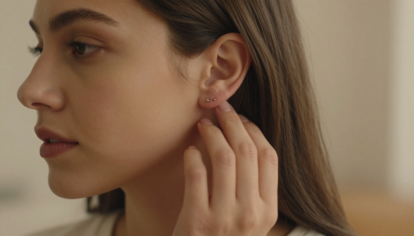 jeune femme touchant doucement son lobe percé à la maison