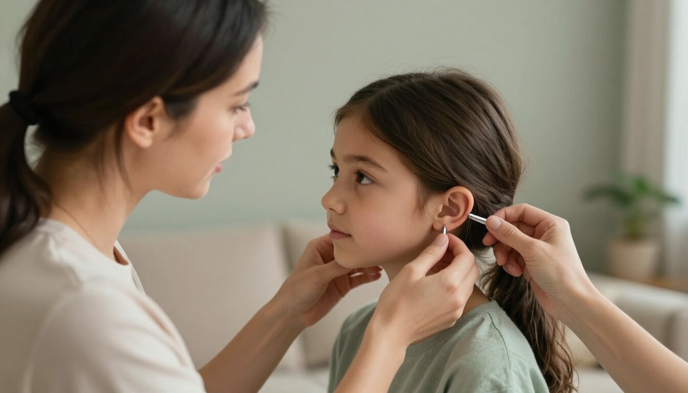 mère et fille regardant un schéma d'oreille pour piercing débutant