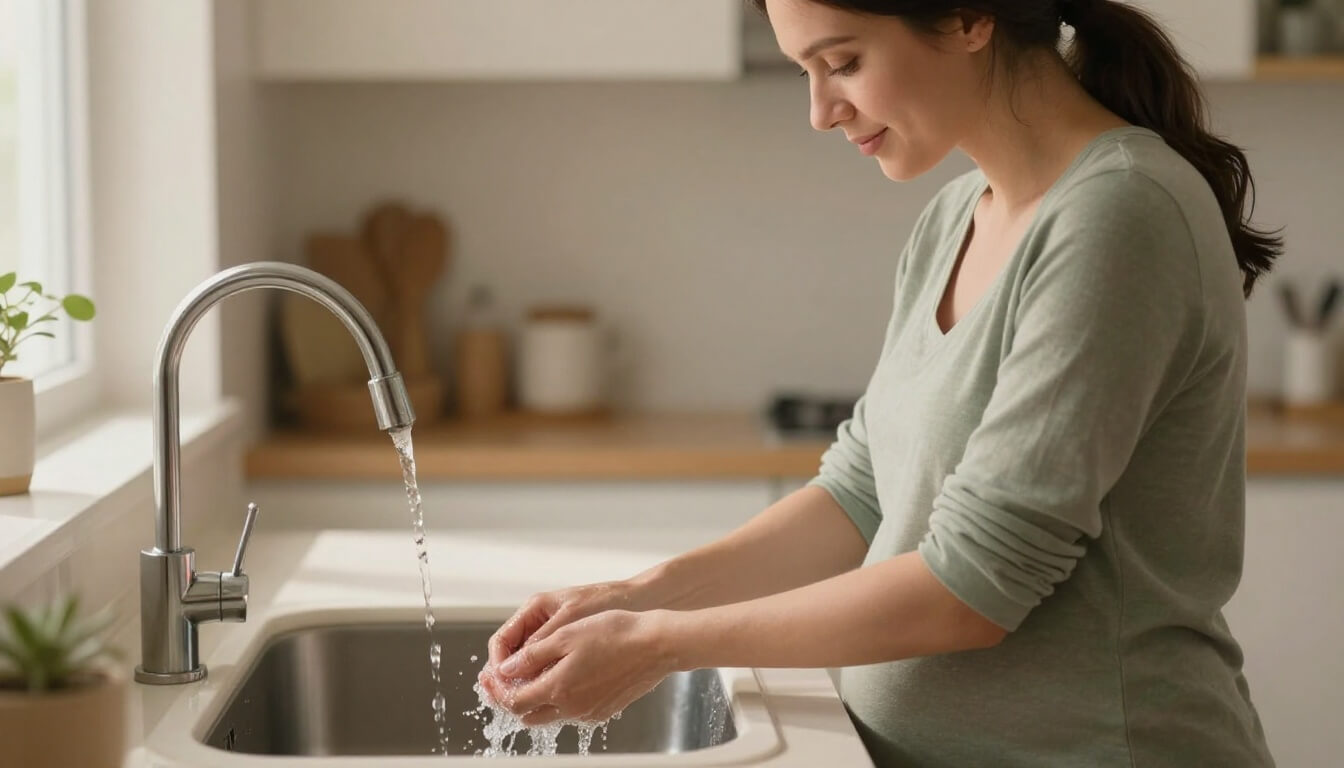 femme enceinte se lavant les mains soigneusement dans une cuisine chaleureuse