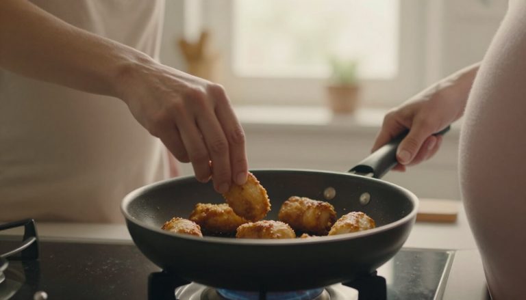femme enceinte cuisant des lardons dorés et croustillants à la poêle