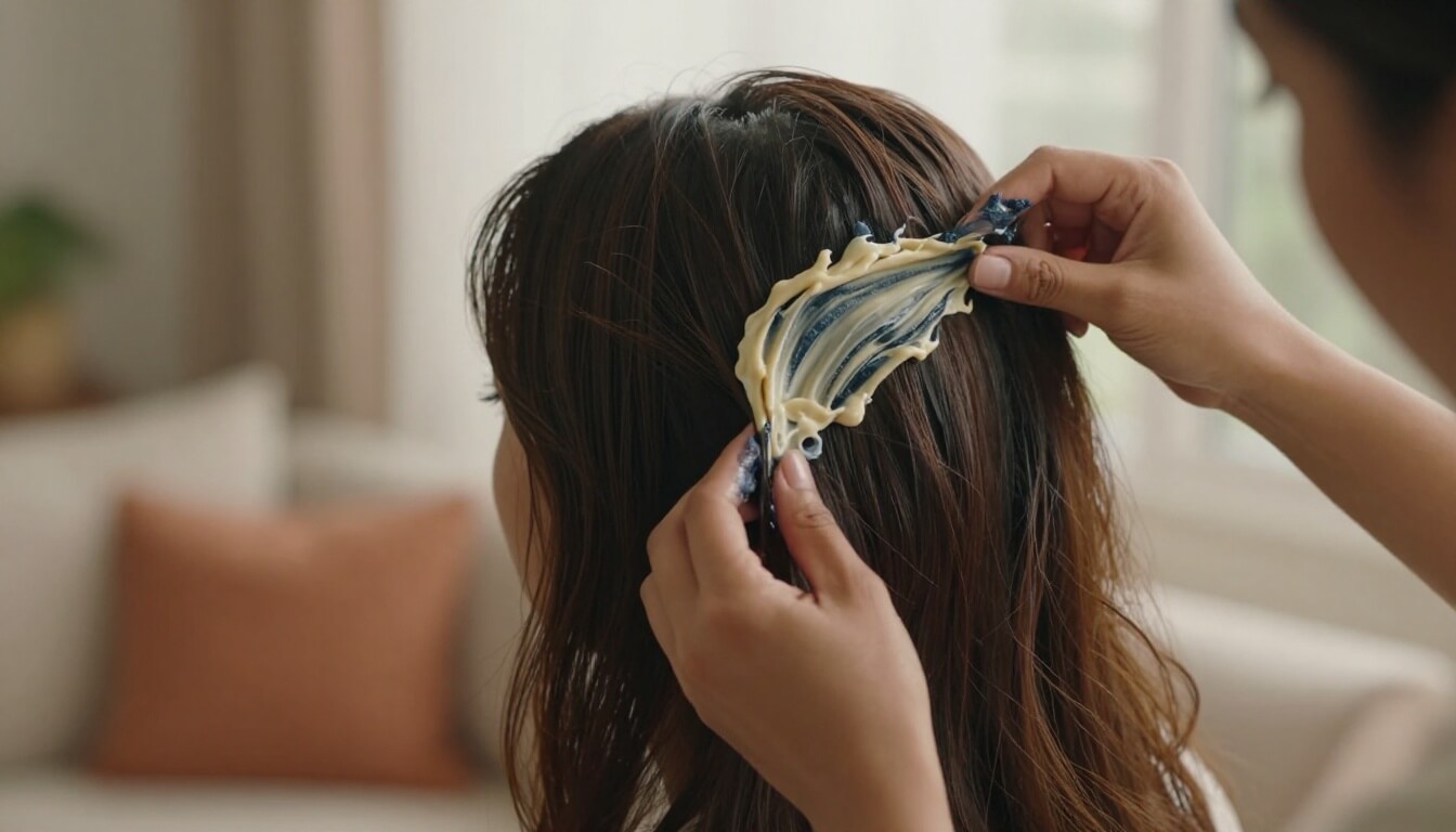 femme appliquant henné et indigo sur mèches trop claires châtain