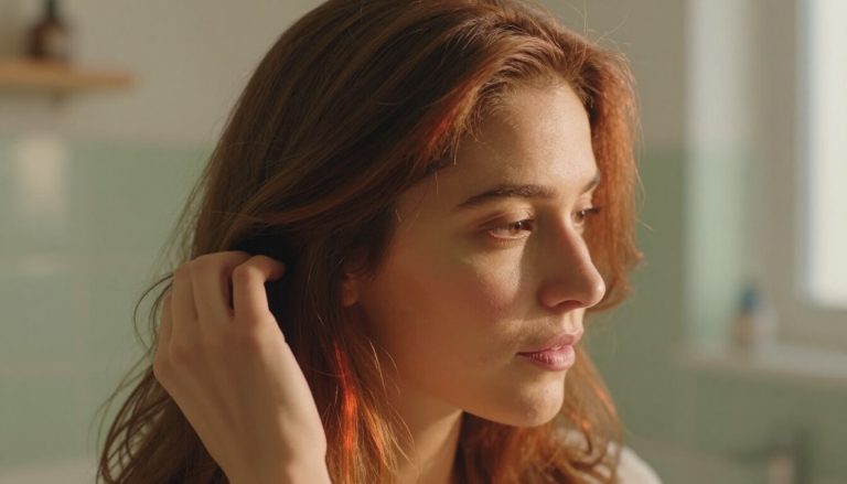 femme regardant ses cheveux avec reflets roux indésirables