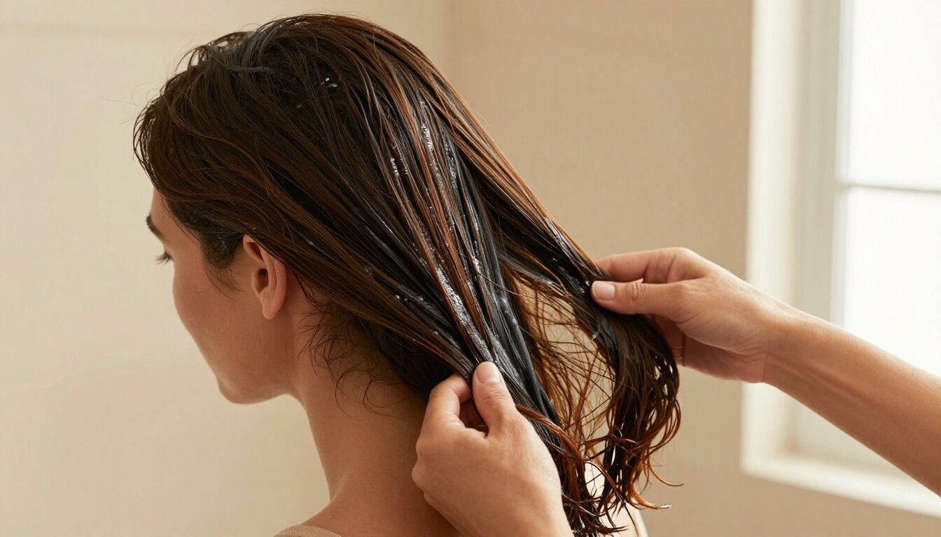 mère appliquant un rinçage au thé noir sur cheveux bruns