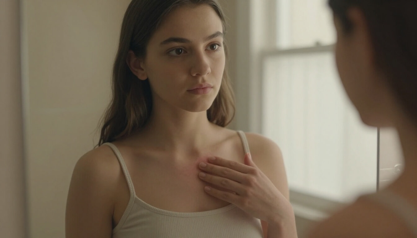adolescente touchant ses vergetures roses sur la hanche