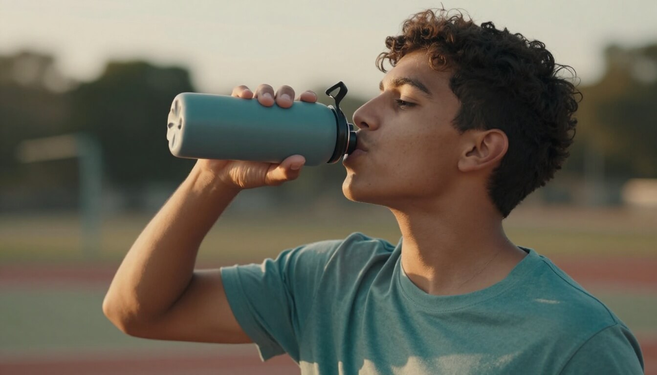adolescent buvant de l'eau après le sport en extérieur
